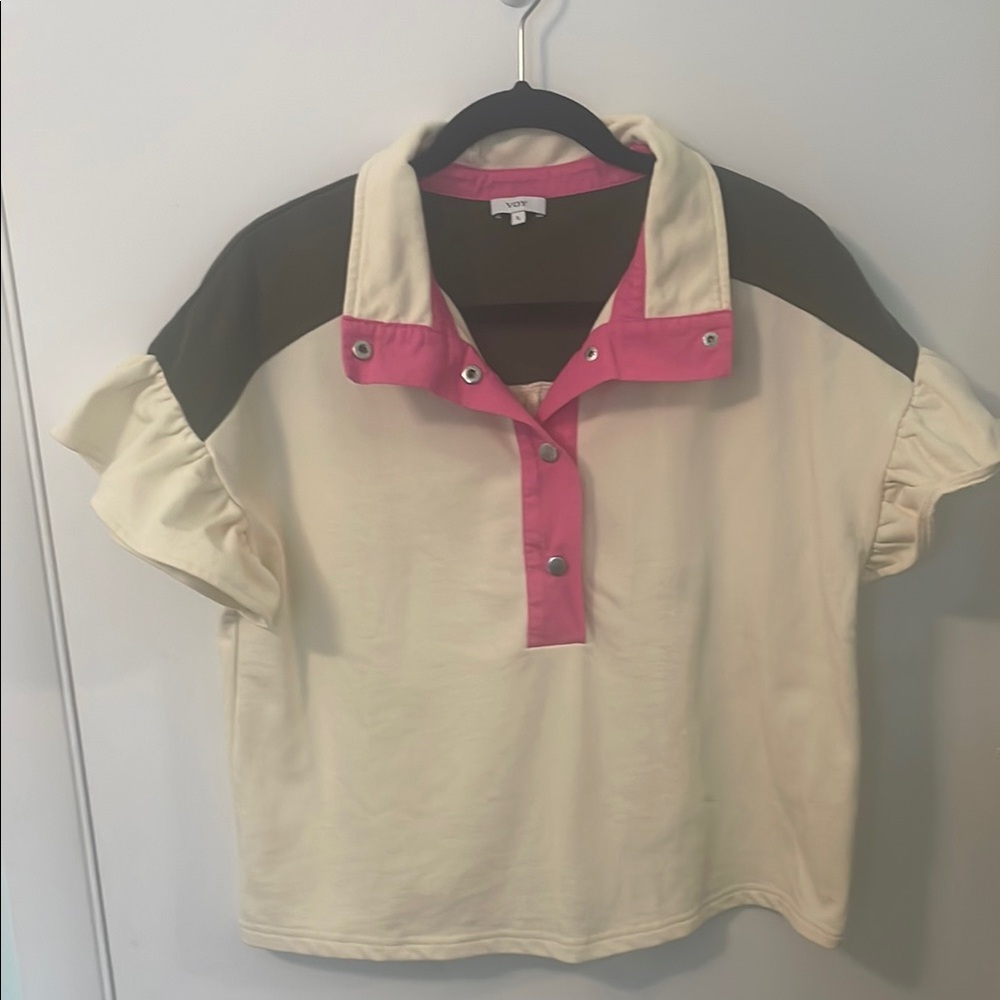 Vogue Women's Colorblock Button Down Shirt - Cream, Pink, Black